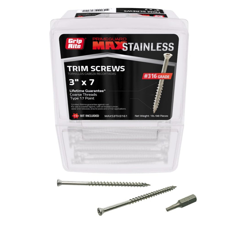 Grip-Rite PrimeGuard Max Deck Screws for Outdoor Projects - Hand Drive Trim Head Wood Screws - T-15 Star Drive - 316 Stainless Steel - 7 x 3-1 Lb - MAXS3TH3161 #7 x 3" 1LB