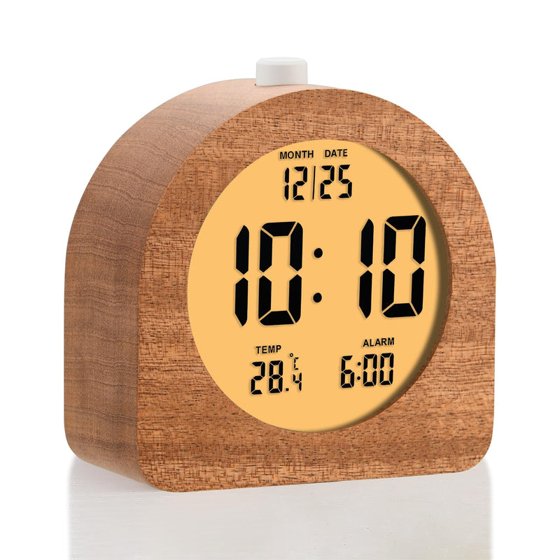 Plumeet Wooden Digital Alarm Clock for Bedrooms, Wood 4'' Battery Powered Alarm Clock with Snooze and Nightlight, Electronic LCD Desk Clock Display Time, Date, Temp, 12/24H, Wood Décor, Round, Sapele Semicircle 4.2''