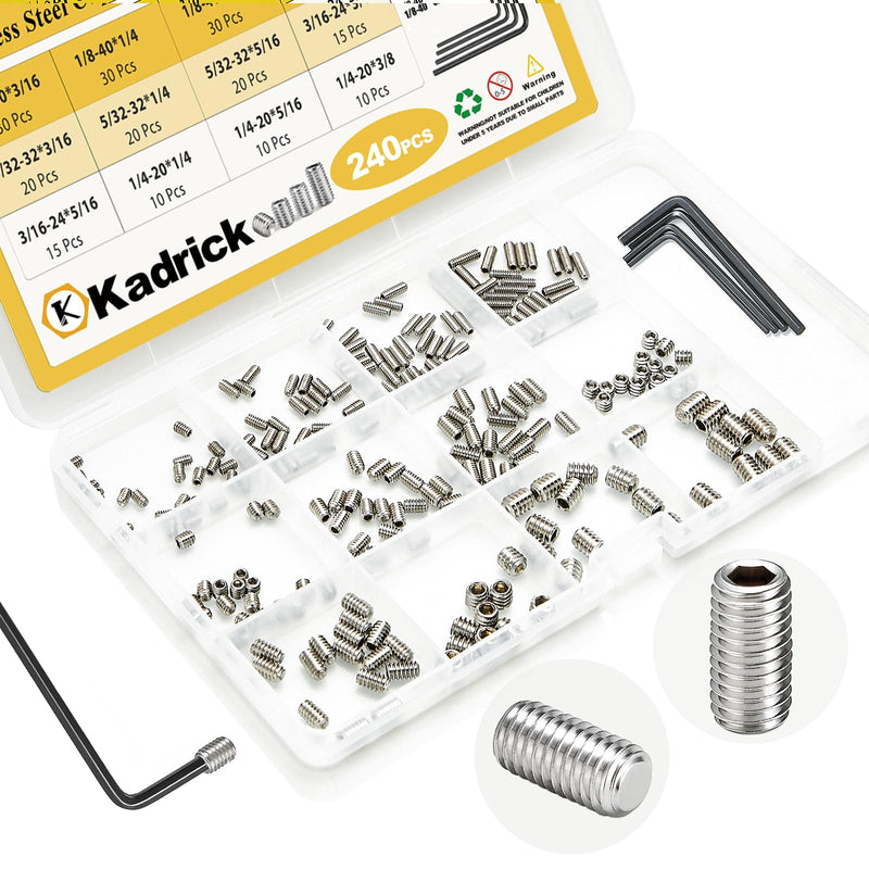 Kadrick 240Pcs SAE Set Screws, 1/8''-40 5/32''-32 3/16''-24 1/4''-20 12 Sizes 304 Stainless Steel Grub Screws