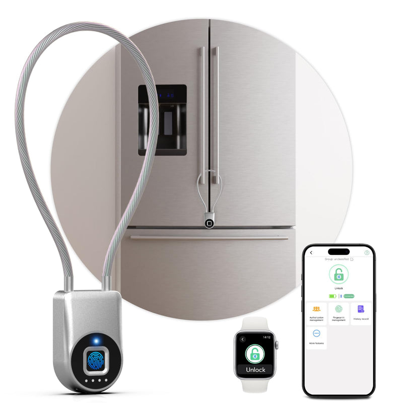 Fingerprint Cable Lock, Fridge Lock with Fingerprint Bluetooth APP Control, Smart Biometric Waterproof Child-Proof Refrigerator Locks for Kids & Adults Fridge French Door Cabinet Gate Silver