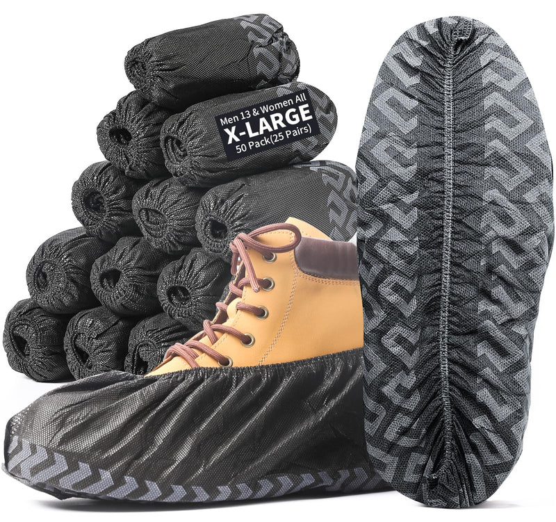 X-Large 50 Pack Shoe Covers Disposable Non-Slip, Black Non-Woven Fabric Boot Covers for Indoors Breathable Slip Resistant Durable Boot, Stretchable Fits Up to Size 13 US Men (Black 50 Pcs (XL)) Black 50 Pcs (Xl)
