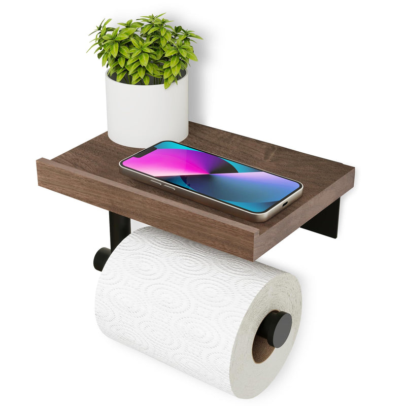 Wood Toilet Paper Holder with Wood Shelf, Wall Mount Tissue Paper Roll Holder, (Walnut) Walnut Wood & Matte Black