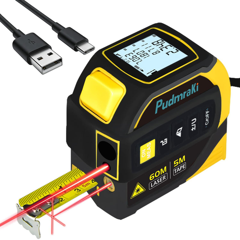 4-in-1 Laser Tape Measure 196.85Ft Laser Ranging 16.4ft Digital Tape Measure Area, Volume Measurement, Pythagorean Mode, Waterproof and Rechargeable