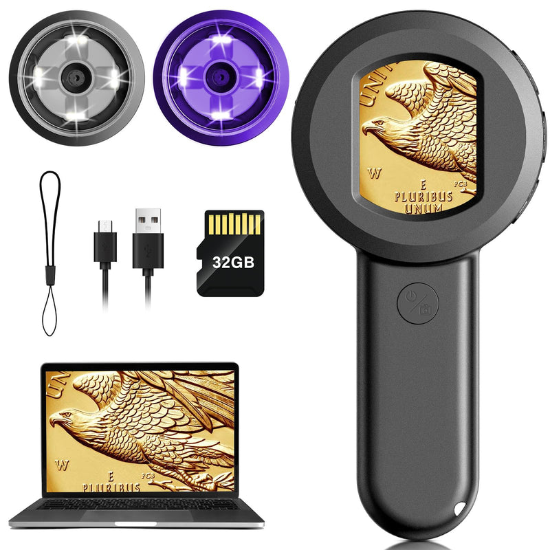 Pocket Digital Microscope for Adults Kids: 100X Handheld Magnifying Glass with Light, USB Coin Magnifier for Collector, Portable Jewelers Loupe with 2" Screen, Mini Scope for Trichome Black