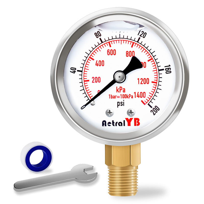 0-200 Psi 2-Inch Waterproof Pressure Gauge, Liquid-Filled, 1/4" NPT Lower Mount, Stainless Steel, Pressure Gauge for Water Pumps, Oil Systems, Pneumatic Air, and Pool Sand Filters 0-200psi