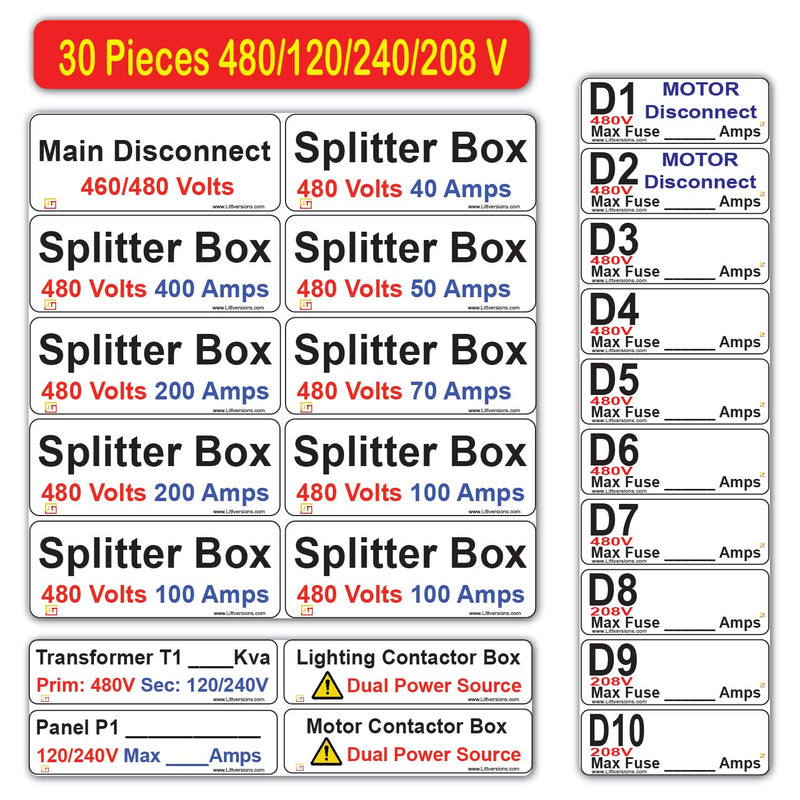 30 Pcs 480/460/240/208/120V Electrical Labels Stickers Decals Markers for Main Disconnect Splitter Transformer Panel Circuit Breaker Loadcenter Lighting Motor Contactor Box Vinyl