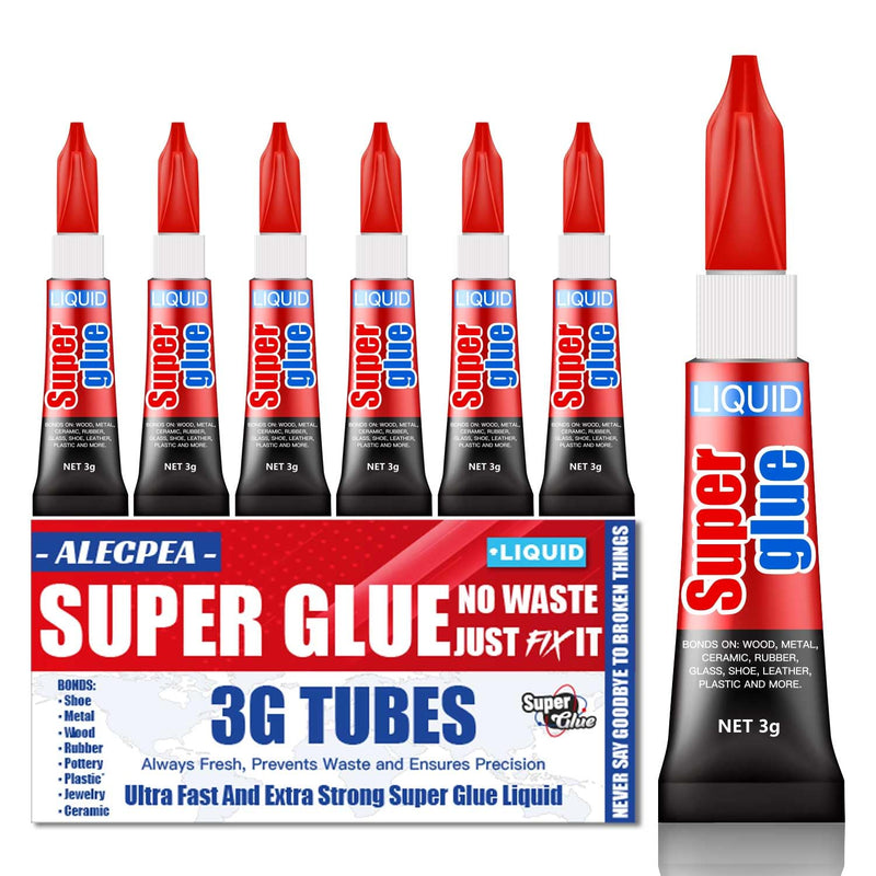 3 Gram (Pack of 6) Single Use Super Glue Liquid, Super Fast, Thin & Strong Adhesive Superglue, Cyanoacrylate Glue for Hard Plastics, DIY Craft, Ceramics, Leather, Metal Etc Pack of 6