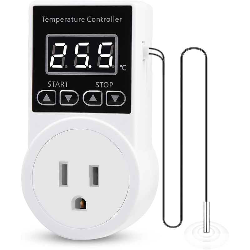 Digital Thermostat Plug Socket, Only Celsius Display LCD Screen Temperature Controller with Waterproof Sensor Probe, Heating Cooling Temperature Switch Outlet for Reptile Greenhouse Terrarium