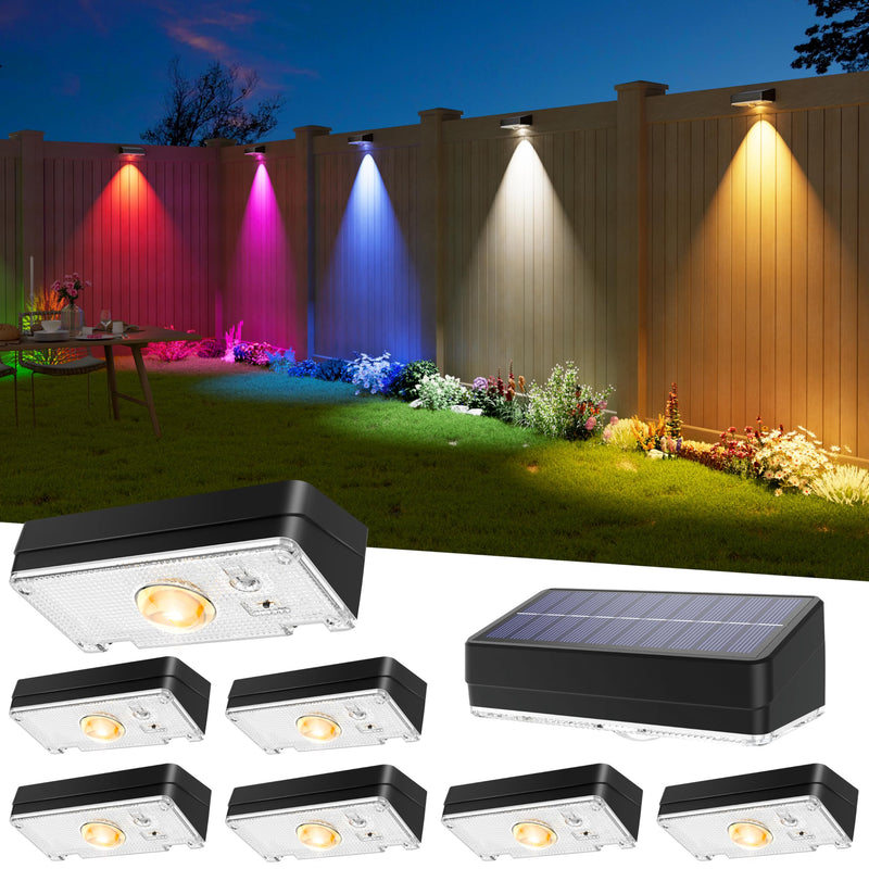 Solar Fence Lights Outdoor, 8 Pack, 50LM Ultra Bright, 3 Color Temperatures & RGB, IP65 Waterproof, Dusk-to-Dawn Solar Powered Fence Lights for Patio, Railing (Black) Black