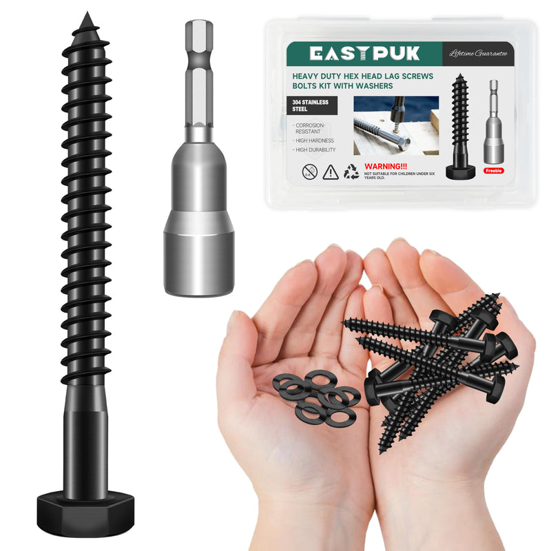 (20Sets) 1/4" x 3" Hex Head Lag Bolts, Heavy Duty Lag Screws with Washers, 304 Stainless Steel, 1/4 Bolt for Wood, Partial Thread, Black Oxide 1/4" x 3" 20