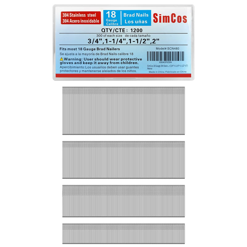 18 Gauge 304 Stainless Steel Brad Nails 18 GA Nail Gun Nails Assorted and Small Finishing Nails for Pneumatic, Electric Brad Nailer (3/4"+1-1/4"+1-1/2"+2") 3/4"+1-1/4"+1-1/2"+2"