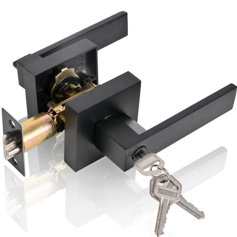 High-Security Stainless Steel Door Handle - with Lock and Key, Door Lever for Bedroom, Bathroom and Rooms(Black) Black-Square