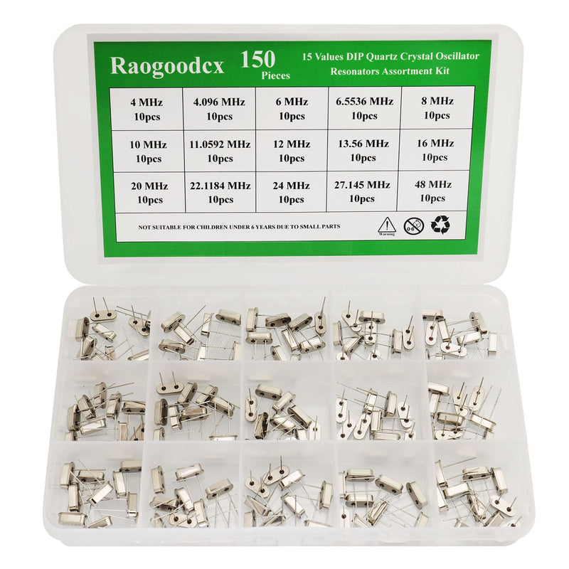 150Pcs 15Value Crystal Oscillator Resonators Assortment Kit 4 MHz，4.096 MHz，6 MHz，6.5536MHz，8 MHz，10 MHz，11.0592 MHz，12 MHz，13.56 MHz，16 MHz，20 MHz，22.1184 MHz，24 MHz，27.145 MHz，48 MHz