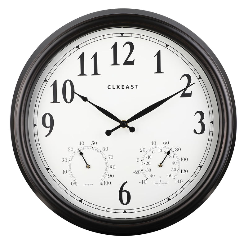 CLXEAST Indoor Outdoor Clocks Waterproof 16 Inch, Large Outdoor Clock with Temperature and Humidity for Patio,Porch,Pool,Oil Rubbed Bronze Black Finish,House Warming Gifts New Home Oil Rubbed Bronze Black