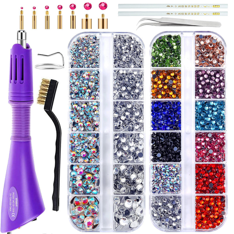 Blinginbox Hot Fix Applicator Tool, Hotfix Rhinestone Setter Bedazzler Kit with Rhinestones, Kit, Hot Fixed Wand for Clothes Clothing Fabric Crafts, 4000 Pcs, AB Crystal, Clear,7 Gems Sizes Purple-4000