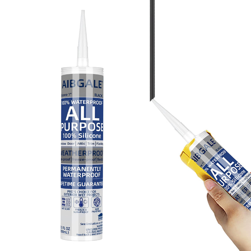 Black Silicone Sealant, All-Purpose 100% Waterproof Silicone Caulk, Adhesive Caulking Silicone for Indoor Outdoor Windows, Aquarium, Bathtub Auto Leak Seaing, 10.1 Oz, 1 Pack (1)