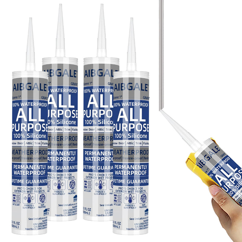 4 Packs Gray Silicone Sealant, All-Purpose 100% Waterproof Silicone Caulk, Adhesive CaulkingSilicone for Indoor Outdoor Windows, AquariumBathtub Auto Leak Seaing. 10.1 0z (4) 4