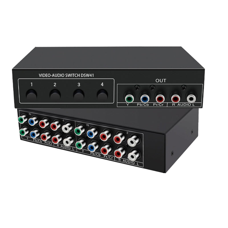 Component AV Video Switch Box 4 in 1 Out 1080P, 4-Way 5 RCA YPbPr Composite L/R Audio AV Splitter RGB Selector Switcher Converter for Xbox 360 Wii PS3 PS2 PS1 SNES DVD/VCD/STB/TV/HDTV, Plug & Play 4-Way Switch