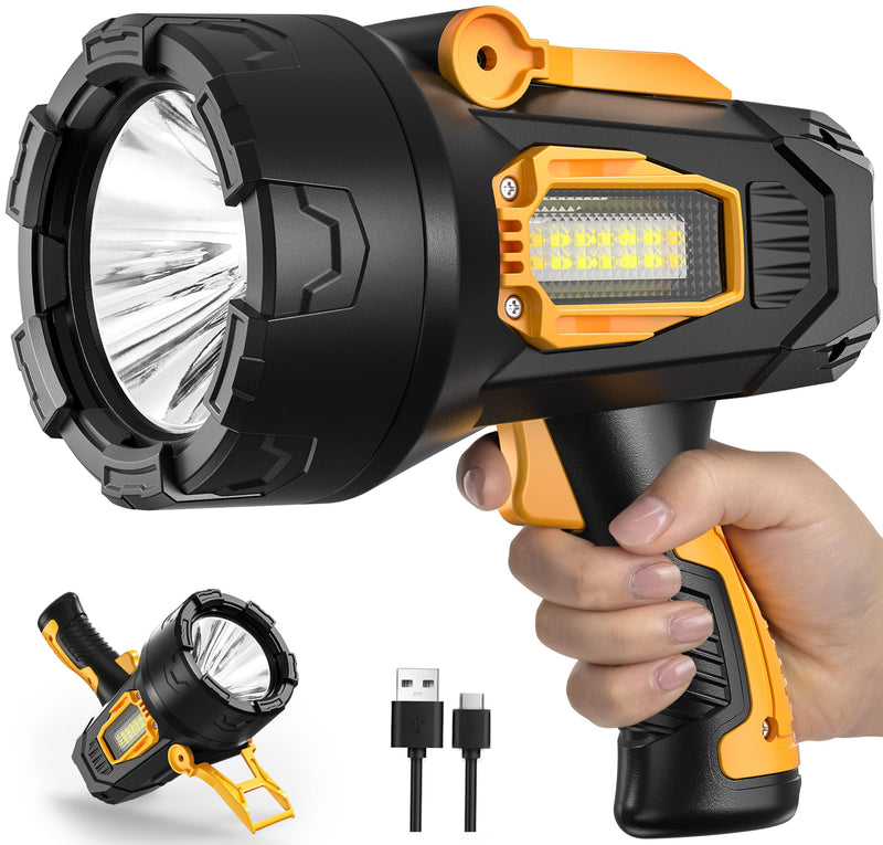 MIXILIN Rechargeable Spotlight 99,000 Lumens, Super Bright LED Spotlight Flashlight Outdoor with COB Light & Foldable Tripod, 10000ɱAh Long Lasting Large Handheld Spot Light for Boating Camping