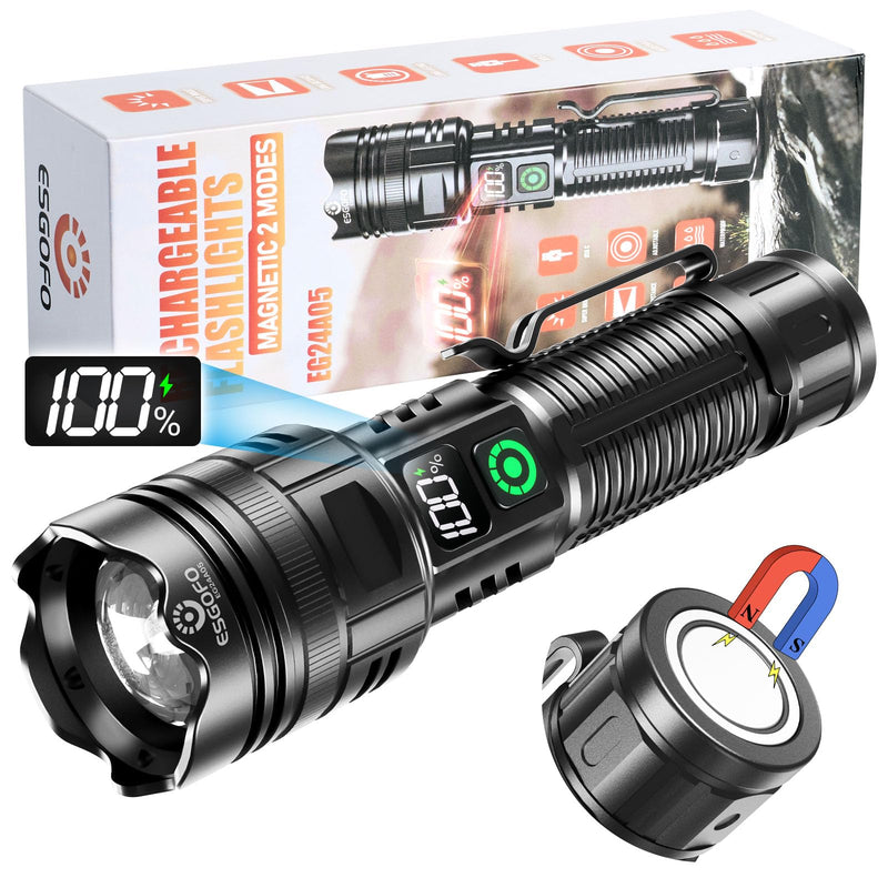 Esgofo Rechargeable Flashlights High Lumens 10000 2 Modes High/Low, Super Bright Magnetic LED Flashlight Long Distance 3280FT, Powerful Long Lasting Strong Flash Light USB C with Clip for Hiking 30.0 Watt Hours
