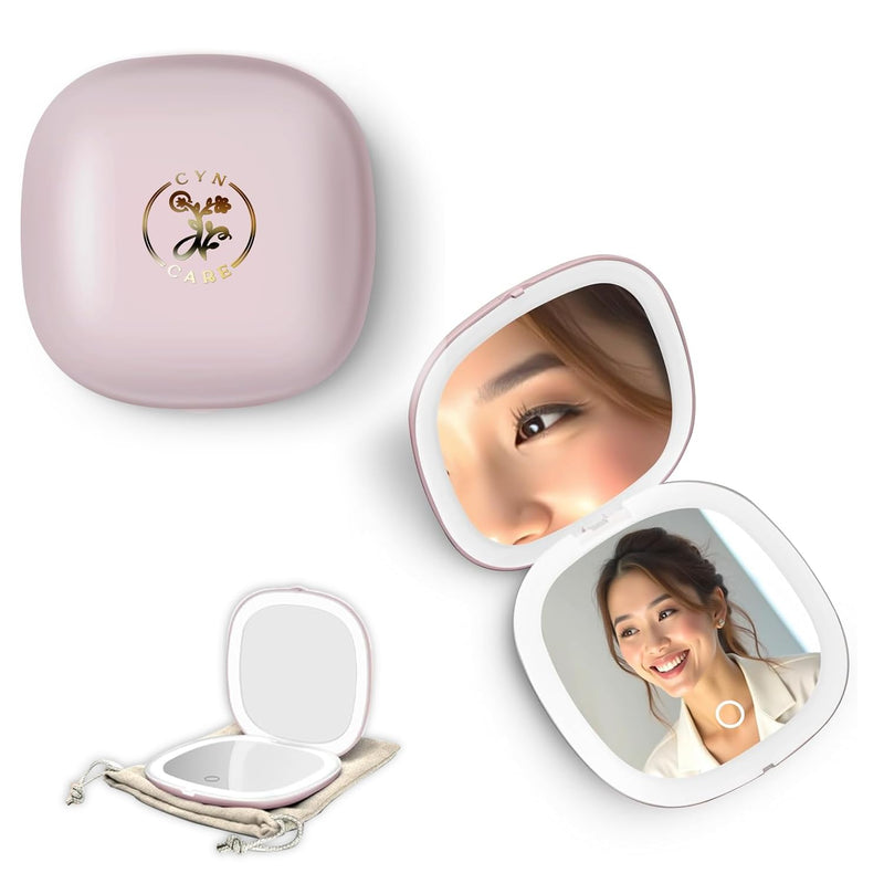 4" LED Compact Mirror – 1x & 10x Magnification | Travel Makeup Mirror with Adjustable Lighting | Handheld & Pocket-Sized Portable Mirror with Protective Pouch (Pink) Pink