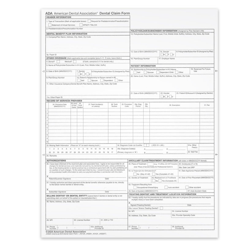 ADA Dental Claim Insurance Claim Forms, 8-1/2" X 11" Letter Size for Laser or Ink Jet Printers (Pack of 100 Sheets) Pack of 100 Sheets
