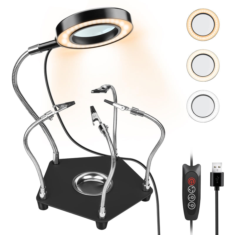 Lytool Helping Hands Soldering Station with 3X Magnifying Glass Dimmable LED, Flexible Helping Hands Soldering with 4 Flexible Arms for Welding Repair Hobby DIY With light