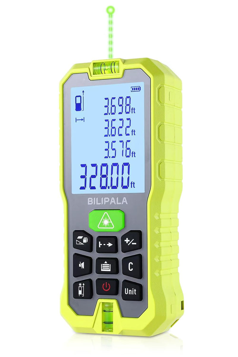 Laser Distance Measuring Tool, 100M/328ft Laser Measure, ±2mm Accuracy Laser Distance Meters with Backlit LCD, Measuring Distance, Area, Volume, Pythagorean Mode for Indoor/Outdoor Use(Green Laser)