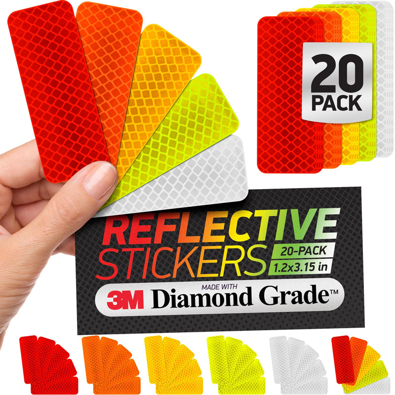 Reflective Safety Tape Stickers | 3M Diamond Grade | Mixed Colors | 1.2″ x 3.15″ | 20-Pack | Safety Warning Tape for Helmets, Cars, Mailboxes & More