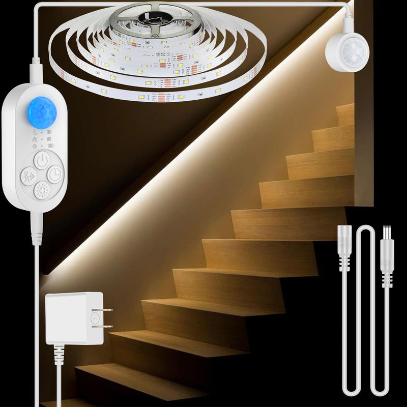 Dual Motion Sensor Light Indoor - Plug-in Motion Activated Step Stair LED Strip with Double Sensors, Dimmer and Timer for Stairway, Bedroom, Corridor (Warm White 3000K 16.4FT Light Strip) Power Adapter + 6.56FT DC Cable