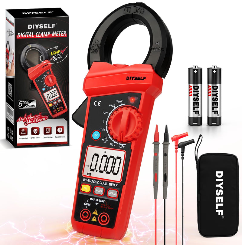 DIYSELF 6000 Counts Digital Clamp Meter, True RMS AC/DC Voltage Tester, Amp Meter Capacitance Meter, Resistance Continuity Tester, Professional Multimeter with Test Leads Pouch and Batteries