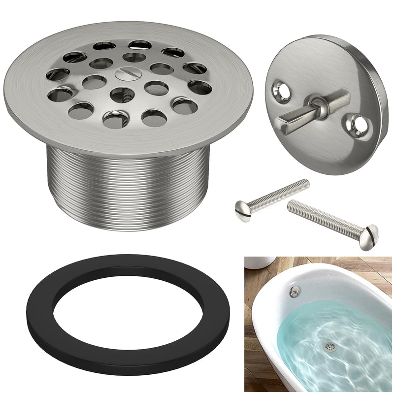 Trip Lever Tub Trim Kit Set with Two Hole Overflow Face Plate, Trip Lever Bathtub Drain with Strainer, Bathtub Drain Assembly Stopper Kit Overflow Plate and Matching Screws, Chrome Plated