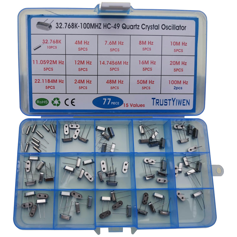 15 Values 77 Pcs HC-49 Quartz Crystal Oscillator 32.768K 4 MHz, 7.6 MHz, 8 MHz, 10 MHz, 11.0592 MHz, 12 MHz,14.7456MHZ, 16 MHz, 20 MHz, 22.1184 MHz,24 MHz,48 MHz,50 MHz,100 MHz Assortment Kit