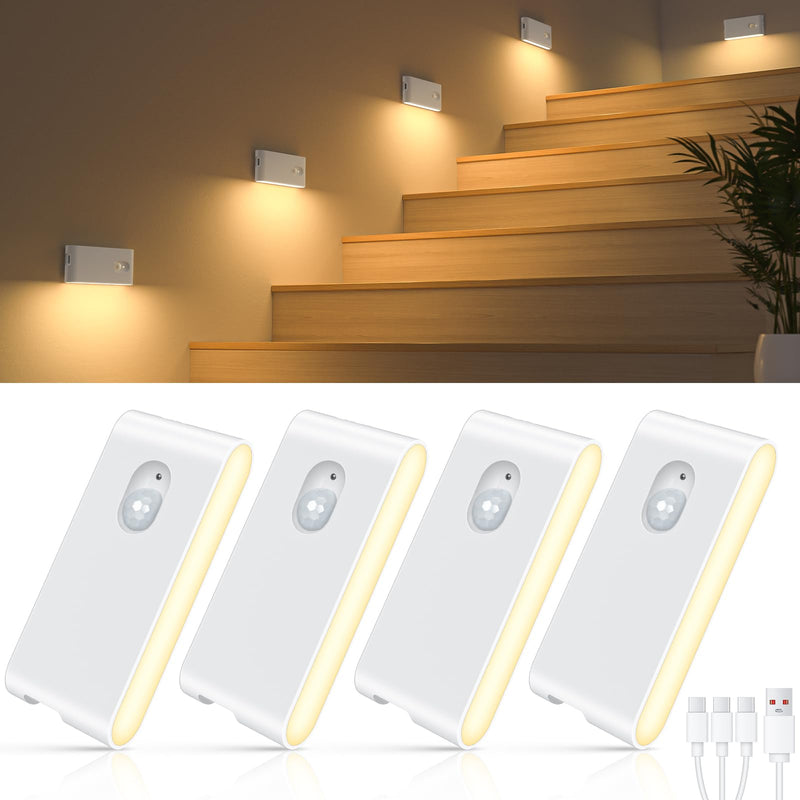 WILLED Stair Lights Indoor,Warm White Rechargeable Night Light,Wireless Motion Sensor Night Light,Battery Stick On Lights for Stairway,Hallway,Kitchen,Closet,Cabinet,Bedroom,Kids' Room(4-Pack) 4 Pack