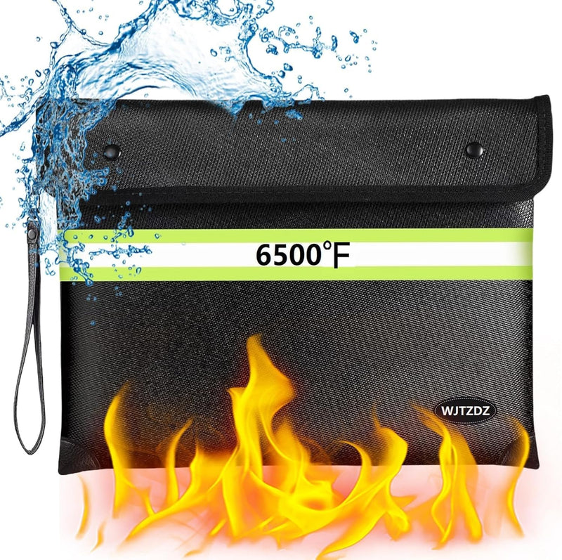 6500°F Fireproof Document Bag,Upgraded Fireproof Money Bag with Waterproof Zipper,10 Layers Heat Insulated Materials/Reflective Strip with Handle for Important Documents（Not Suitable for A4 Files） Deep Black Medium Size