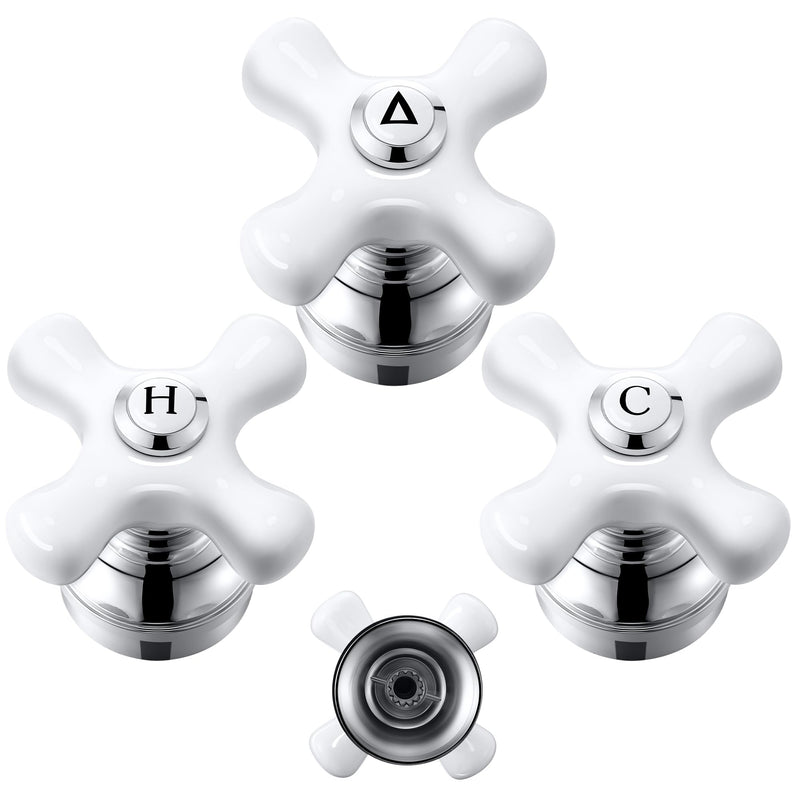 Enhon 3 Pcs Porcelain Handle Set, Compatible with Price Pfister Shower Valve, Hot Cold and Diverter Handle, Chrome Finish White Porcelain (Cross Arm) Cross Arm