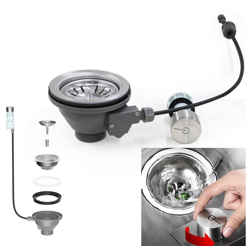 New 3-1/2 '' Kitchen Sink Drain Kit with Control Button Sink Drain Basket 304 Stainless Steel SinkStrainer Stopper for kitchens and bathrooms Grey