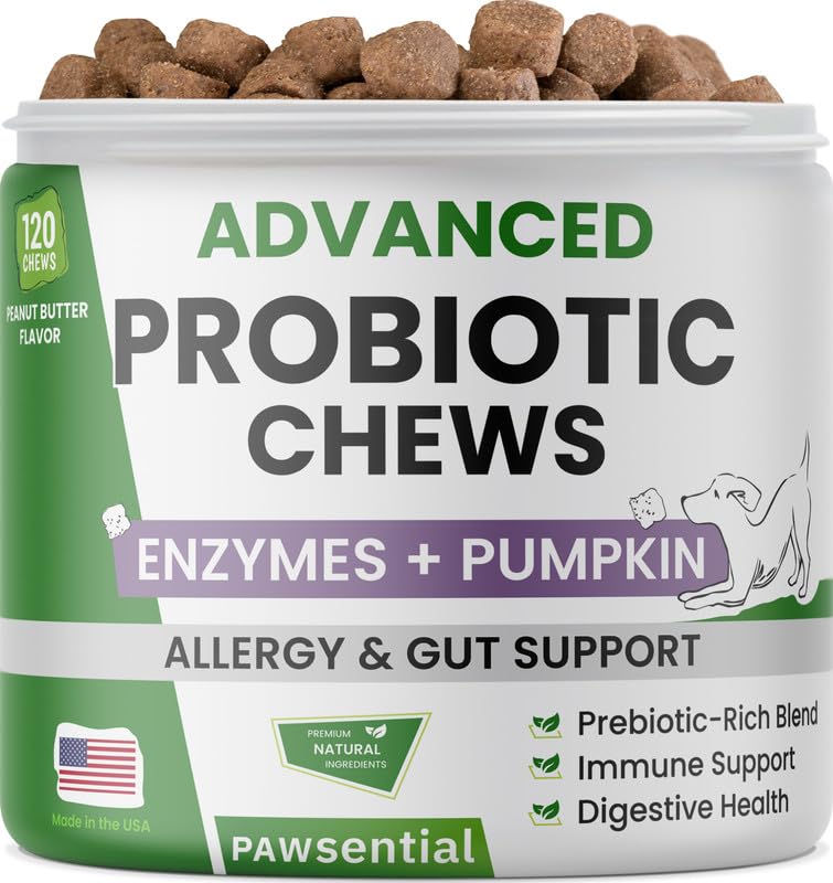 Probiotic Chews with Digestive Enzymes, Probiotics, Prebiotics - 120 Chews - Aids in Stool Quality, Gas, Constipation, Diarrhea Relief - Grilled Chicken - PawsPlanet Australia