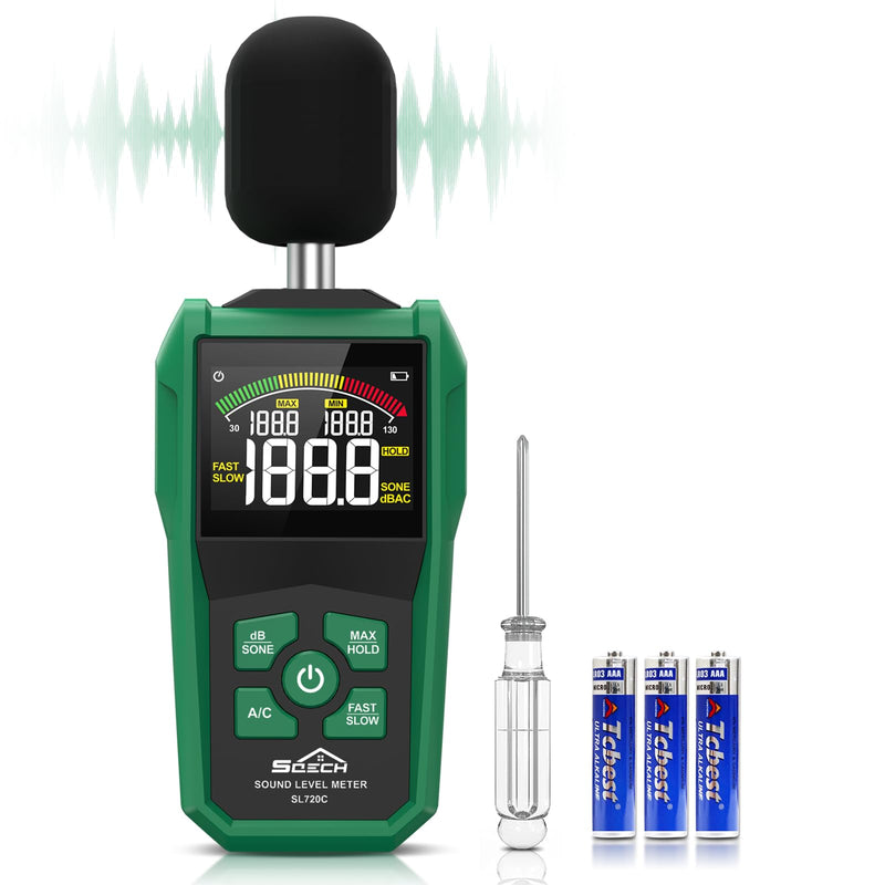 Decibel Meter,SQECH Digital Sound Level Meter with Color Backlit Screen,Portable SPL Meter with A/C Weighted,dB/SONE Unit,FAST/SLOW Response,MAX/MIN,Data Hold,Range 30-130dB,for Home/Office/Factories