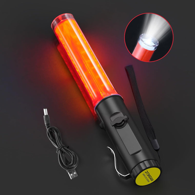 Traffic Wand Rechargeable, 10 Inch Traffic Control Baton Light with 2 Flashing Modes and 1 White LED on Top, Air Marshaling Signal Wand with Side Clip for Airport, Parking, Car Directing, 1 Pack Red