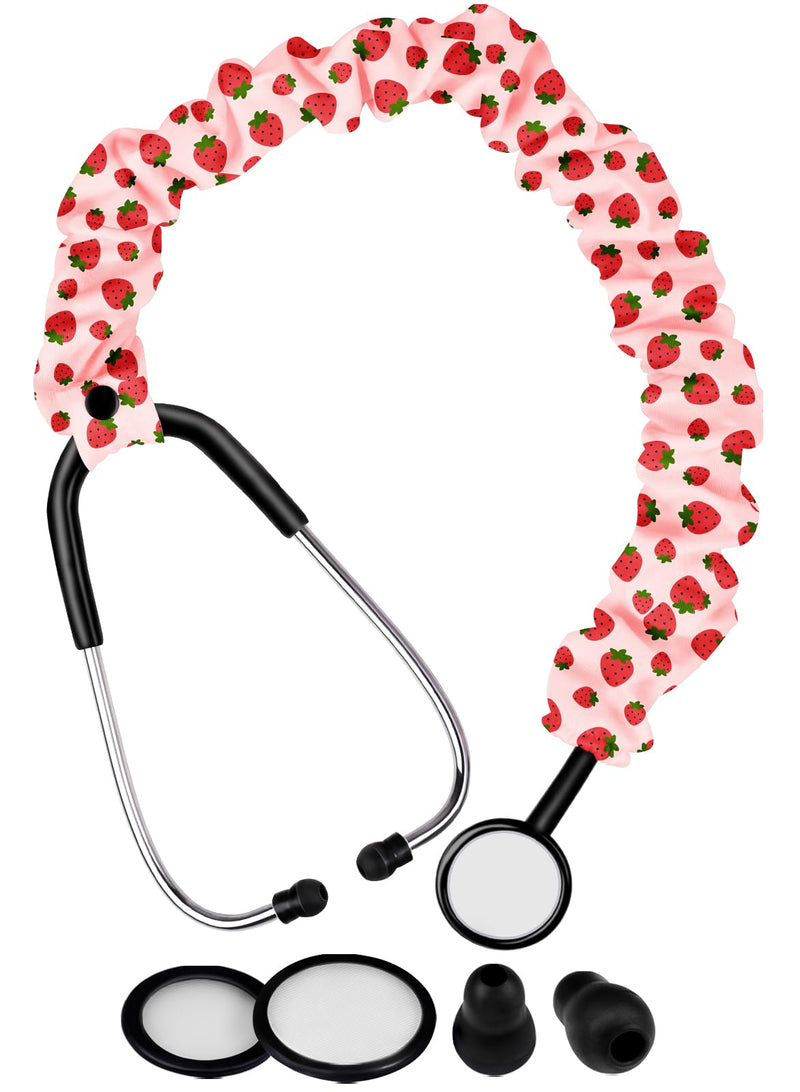 Plifal Elastic Stethoscope Cover Sleeve for Nurse Doctors Cuff Accessories - Cute Strawberry Pleated Design, Fits Most Dual-head Removable & Single-head Stethoscopes, Comes with Diaphragms & Earplugs pink