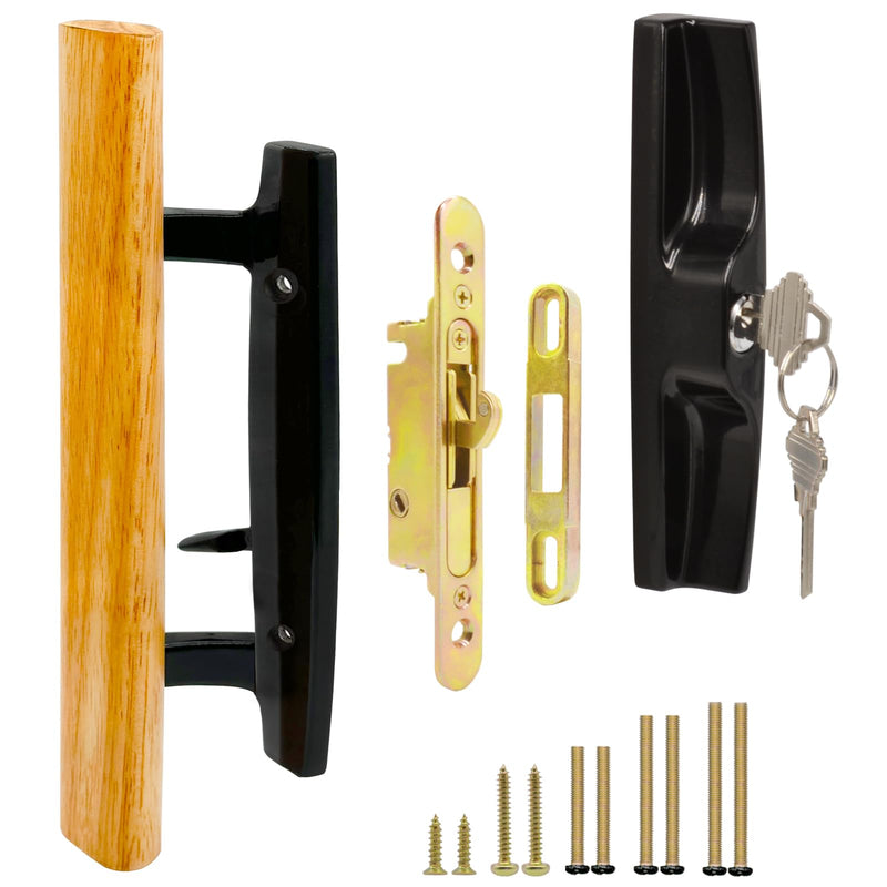 Sliding Glass Patio Door Handle Set with Key Cylinder and Mortise Lock 45° Keyway, Oak Wood Inside Handles and Zinc Diecast Outside Pull, 3-15/16" Hole Spacing, Non-Handed, Black Black Keyed Handles + Mortise Lock