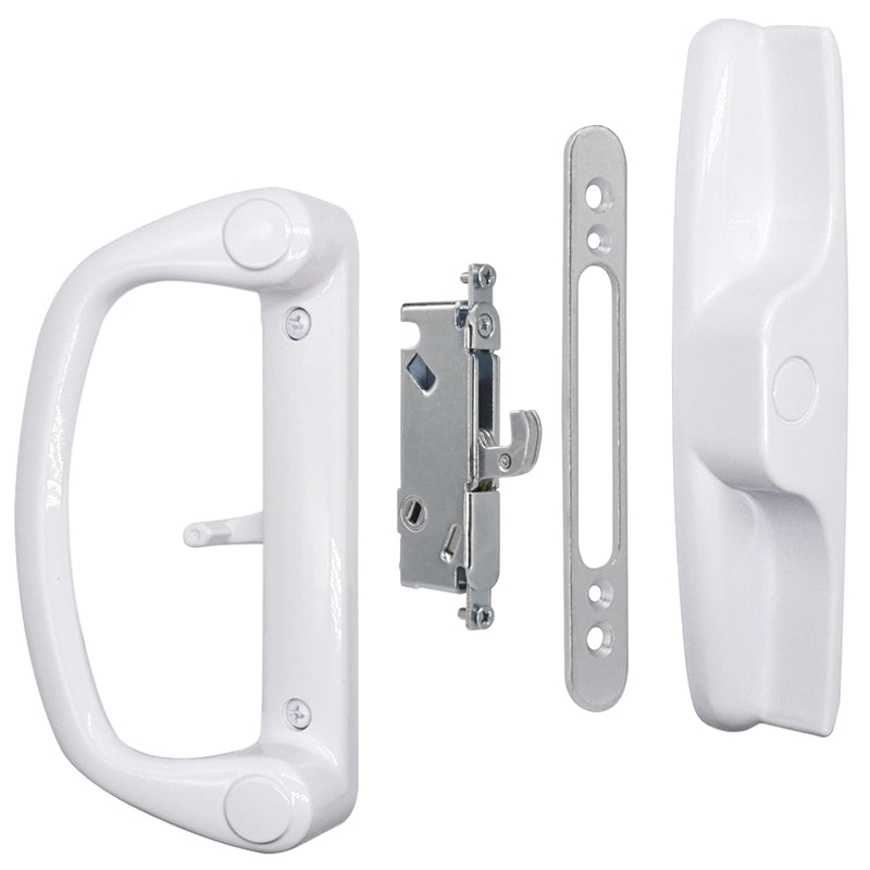 Sliding Glass Patio Door Handle Replacement Set with Mortise Lock 45° Keyway, Non-Keyed Pull Handles, Fits 3-15/16" Hole Spacing, 1-1/4" to 2" Thick Doors, Non-Handed, White Non-Keyed Handles + Mortise Lock