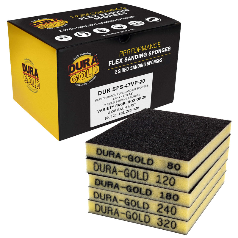 Dura-Gold Double-Sided Sanding Sponge Grit Variety Pack, Box of 20, Grits 80, 120, 180, 240, 320-4.7" x 3.9" Wet or Dry Flexible Softback Sandpaper Sponges, Hand Sanding Block Pad, Wood Metal Paint - NewNest Australia