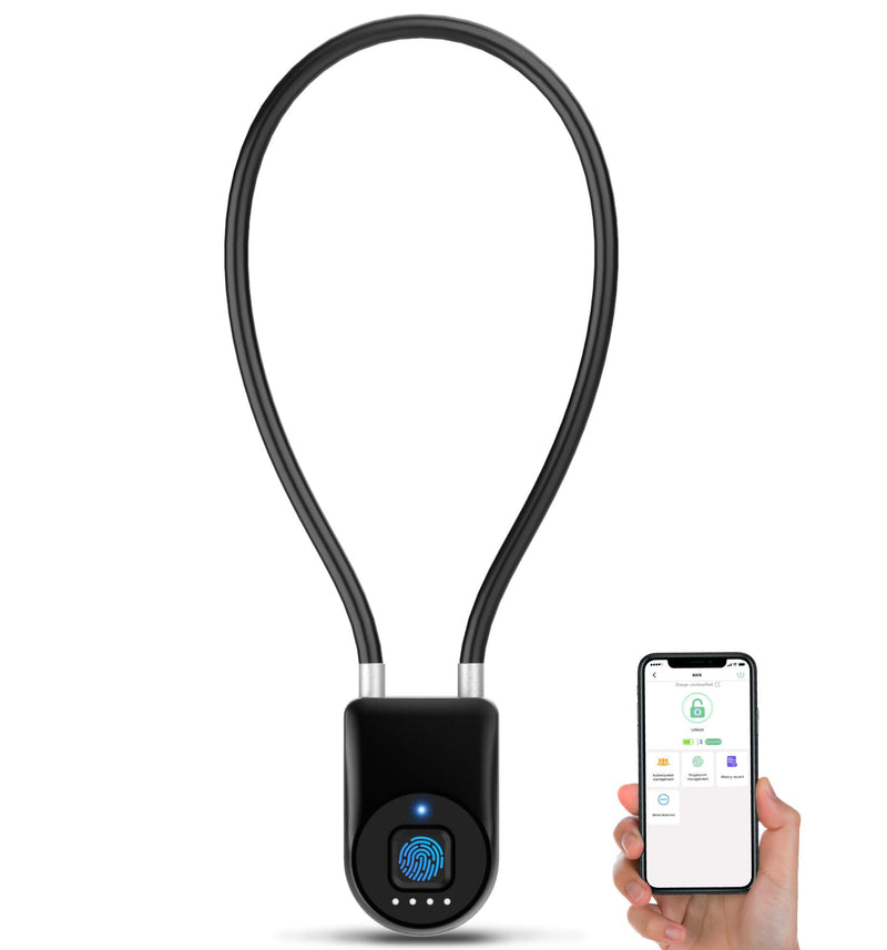 Fingerprint Cable Lock, Anweller 14" Long Shackle Keyless Entry Biometric Waterproof Bluetooth Smart Combination Padlock for Gate Outdoor Fence Fridge Cabinet Locker Pool Yard Pantry Bike - Black Back