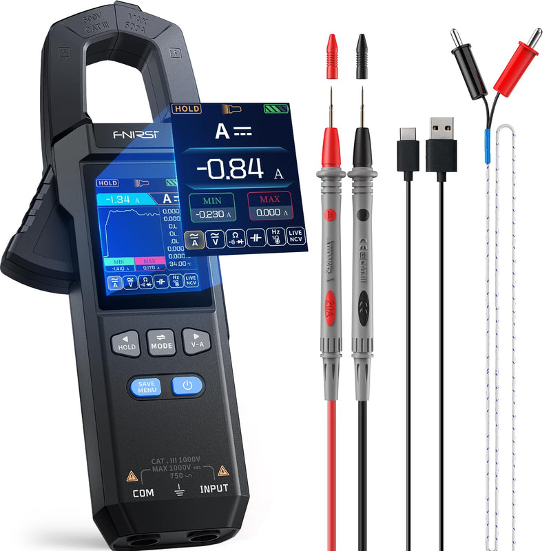 FNIRSI DMC-100 Digital Clamp Meter Multimeter 10000 Counts, Voltage Amp Tester 600A with Flashlight, AC/DC Voltage, AC/DC Current, Capacitance, Resistance, Continuity, Diode, Temperature, NCV