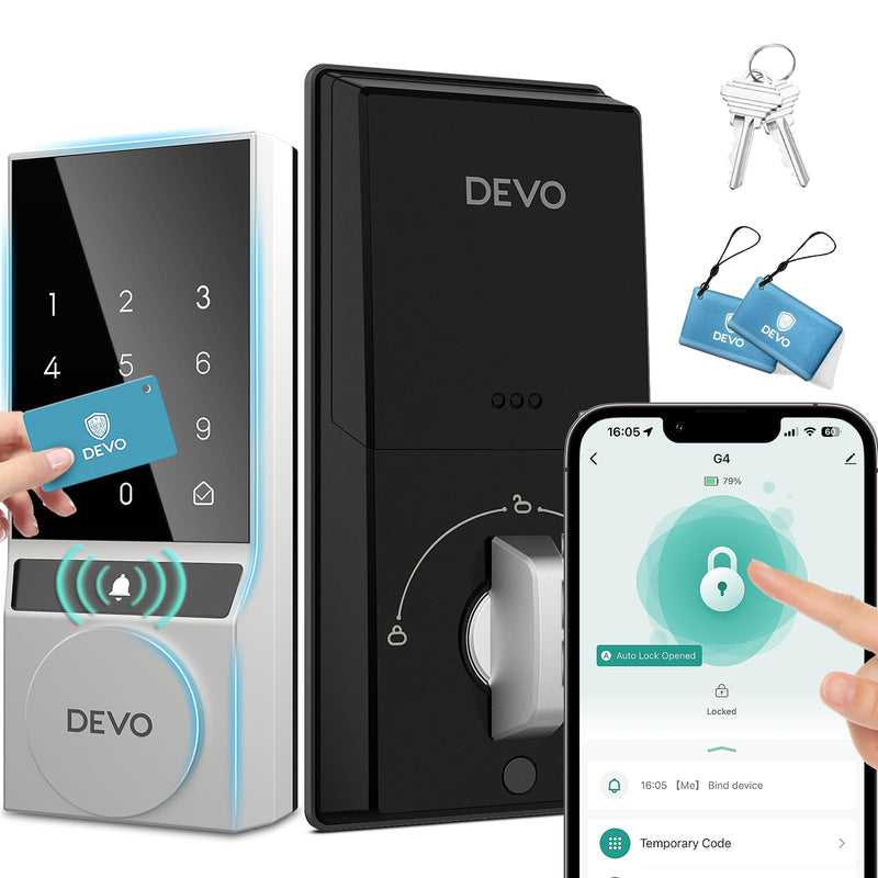 Devo G4 Smart Lock,Keyless Entry Door Lock,Bluetooth Smart Deadbolt, App Remote Control,Digital Touchsreen Keypad Lock, IP54 Waterproof Front & Back Electronic Dook Lock,Auto Locks(Silver) G4 Bluetooth Touchscreen Silver