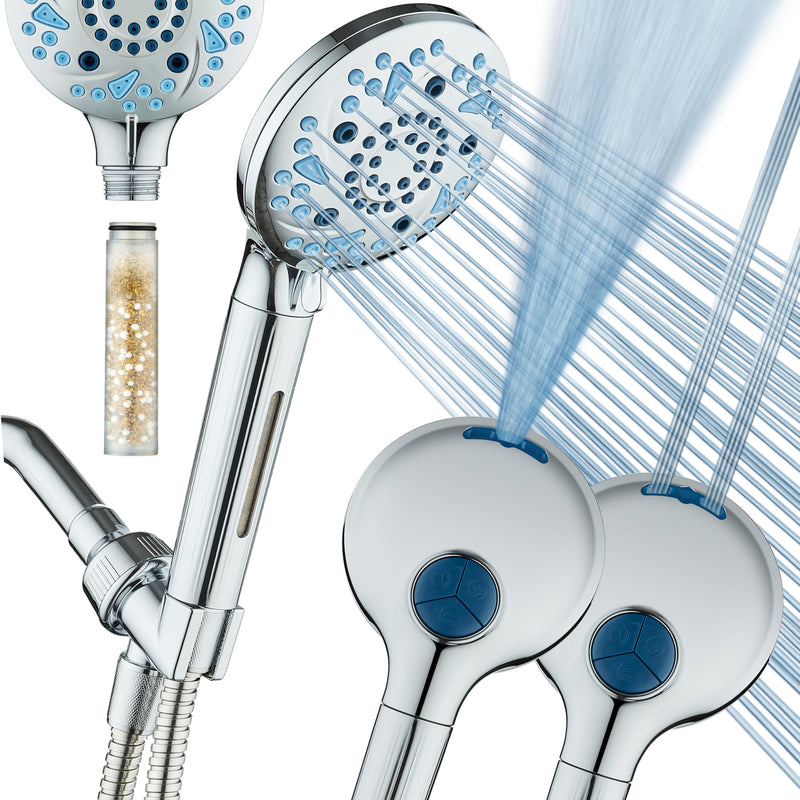 AquaCare High Pressure 10 Spray Mode Filtered Showerhead - Handheld Shower Head Filters Chlorine to Heal Dry Skin, Revive Hair - Dual Power Wash Cleans Tub, Tile, Pets - Hard Water Softener, Chrome Round
