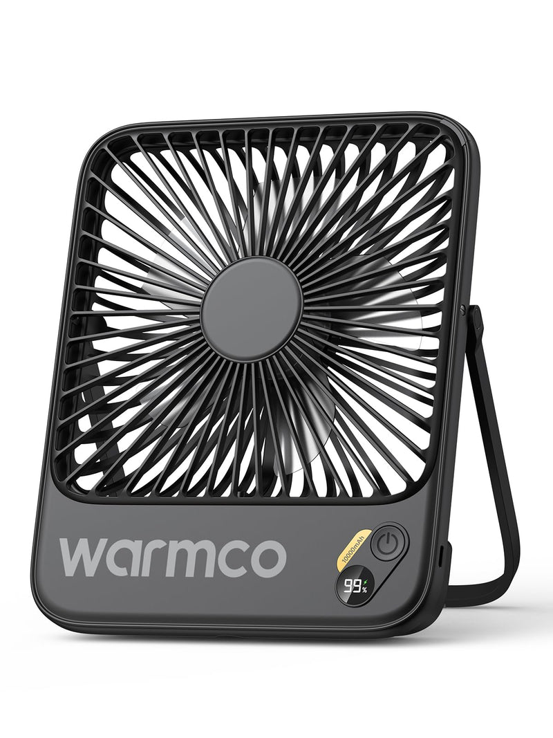 Warmco 10000mAh Portable Travel Fan 7-inch, Max 24H Runtime, Ultra-thin Quiet Rechargeable Battery Operated Desk Fan with Digital Display for Camping, Office, Bedroom, Cruise Essentials Black
