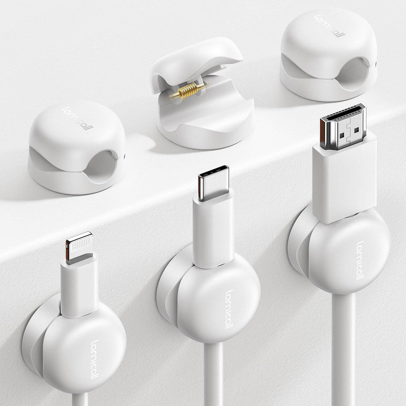 Lamicall Cord Organizer, Spring Cable Management Clips - 6Pack Compact Desk Cable Holder Clips, Nightstand Phone Charging Cord Holder, 8mm Slot Adhesive Wire Organizer, Office Accessory, White